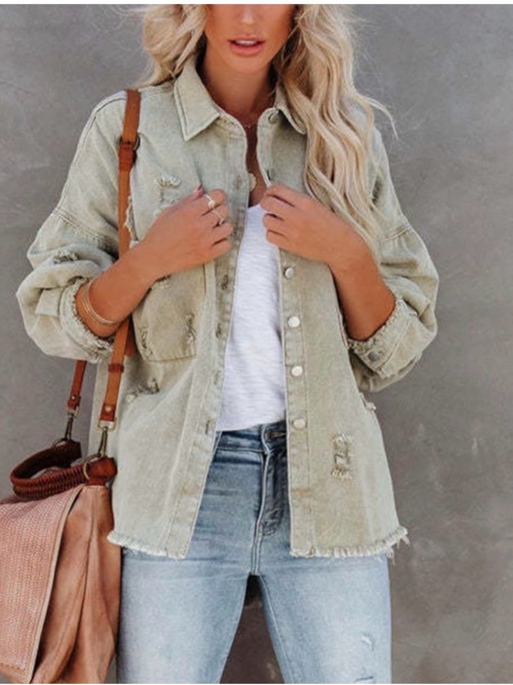 VICI Thinking Out Loud Distressed Denim Jacket in Sage XS
